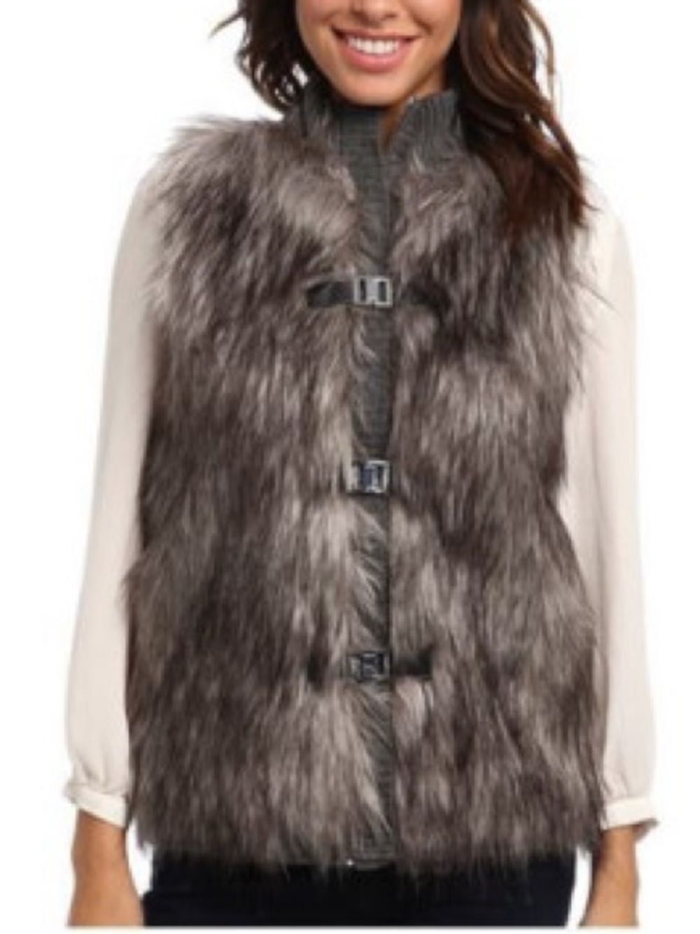 Calvin Klein Faux Fur sweater Vest in Gray women's L mock neck zip and buckle